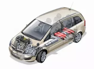Rozmieszczenie elementów gazowego układu napędowego w samochodzie Opel Zafira 1,6 ecoFLEX CNG Turbo