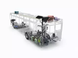 Rozmieszczenie elementów hybrydowego, równoległego układu napędowego w autobusie miejskim Volvo 7700 Hybrid