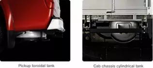 Colorado LPG - umieszczenie zbiorników gazu: z lewej pick-up (torus), z prawej kabina z podwoziem do zabudowy (cylinder)