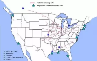 Sieć najważniejszych gazociągów i terminali LPG w Stanach Zjednoczonych