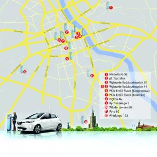 Mapa punktów ładowania RWE w Warszawie