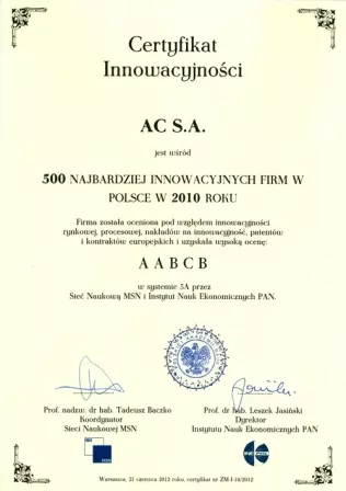 Certyfikat innowacyjności dla firmy AC - producenta samochodowych instalacji LPG i CNG