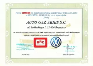 Certyfikat upoważniający Auto Gaz Aries do montażu instalacji gazowych w gwarancyjnych Volkswagenach