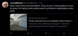 Tweet Leszka Wiwały, Prezesa-Dyrektora Generalnego Polskiej Organizacji Przemysłu i Handlu Naftowego (POPiHN) z 24 lutego 2022 r.