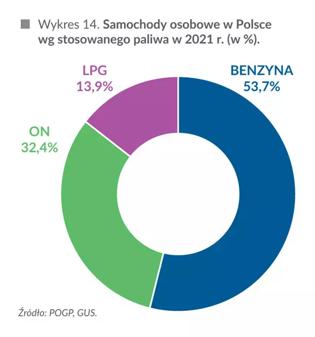 Samochody osobowe w Polsce wg stosowanego paliwa w 2021 r. (w %)