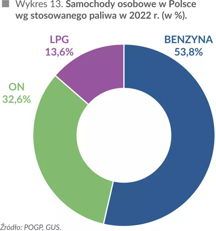 Samochody osobowe w Polsce wg stosowanego paliwa w 2022 r. (w %)