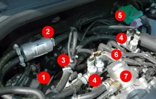 Elementy składowe systemu Diego DI: 1- reduktor-parownik Silver z&nbsp;elektrozaworem gazowym, 2- filtr gazu w&nbsp;fazie lotnej, 3- czujnik temperatury i&nbsp;ciśnienia gazu, 4- wtryskiwacze gazu Horizon, 5- sterownik elektroniczny. Cyframi 6 i&nbsp;7 oznaczono elementy silnika. Są to odpowiednio: cewka zapłonowa i&nbsp;mocowana na głowicy, napędzana od wałka rozrządu, pompa wysokociśnieniowa układu benzynowego