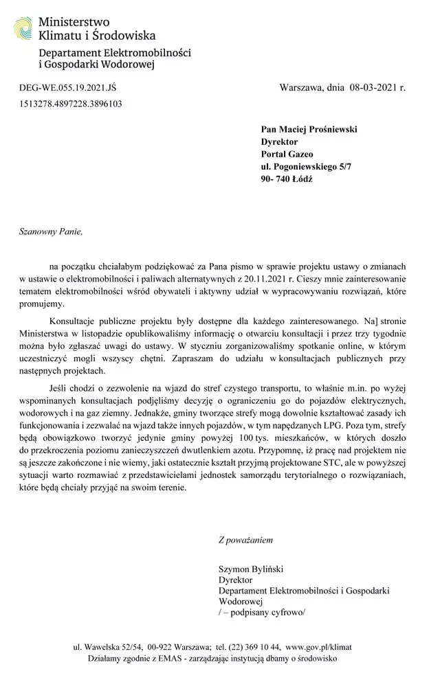 Odpowiedź Ministerstwa klimatu i środowiska na pismo gazeo.pl