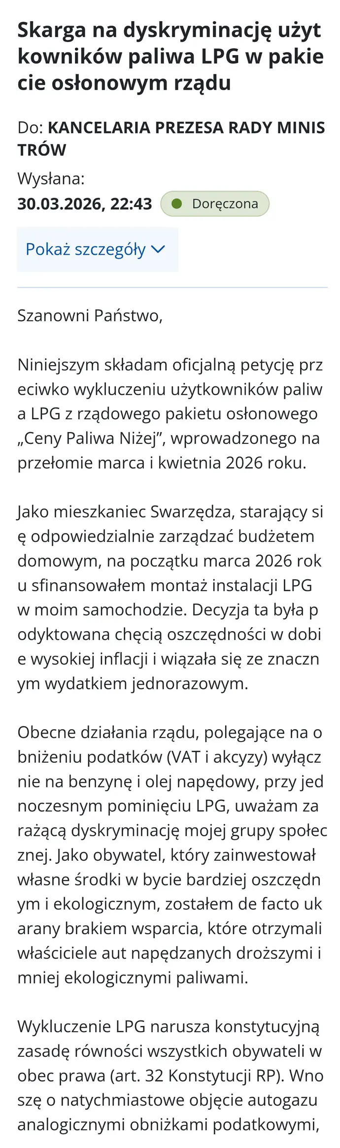 Skarga na dyskryminację użytkownik&oacute;w paliwa LPG w&nbsp;pakiecie osłonowym rządu